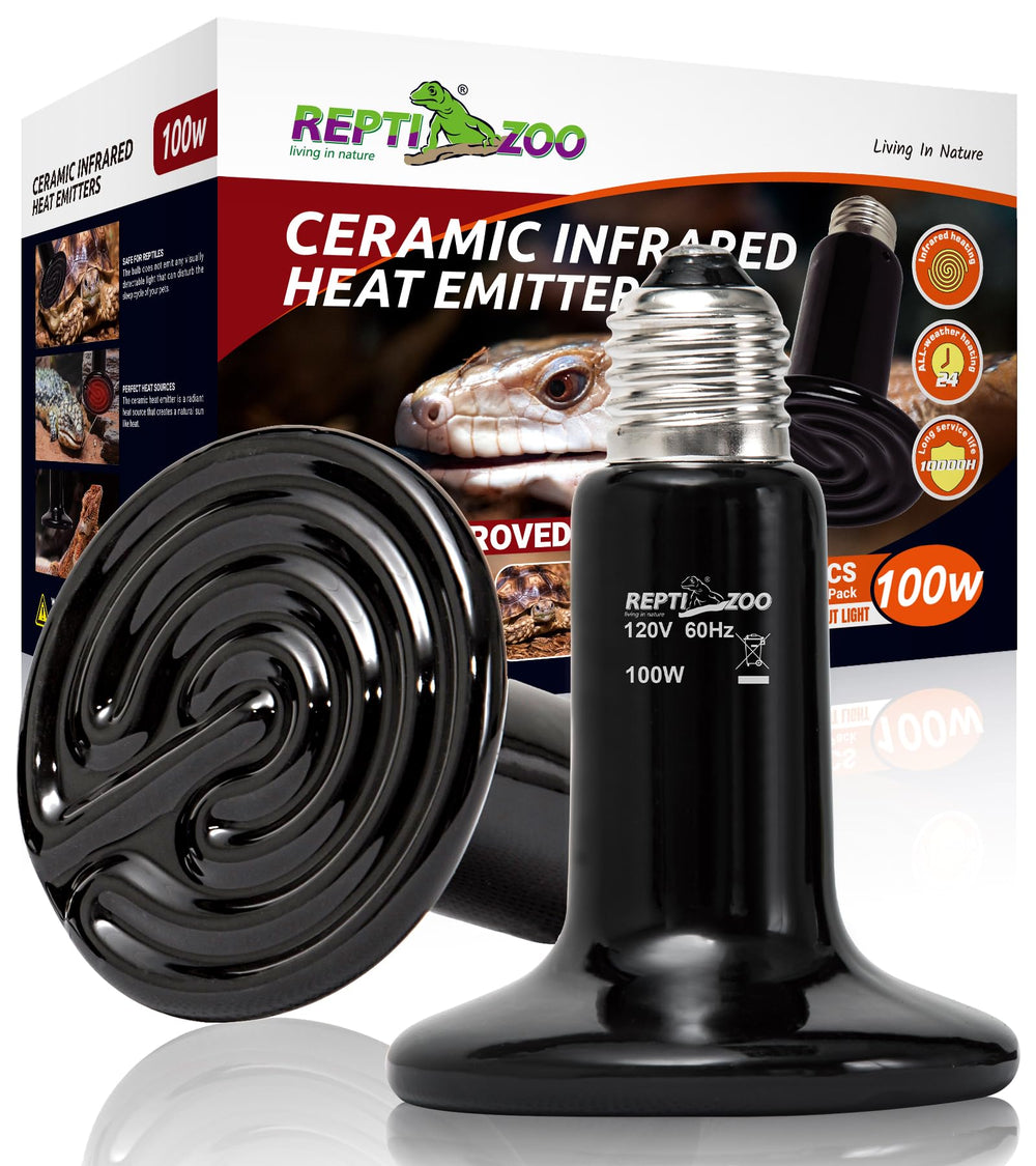 REPTI ZOO 100W ceramic heat emitter in terrarium front view provides steady warmth for reptiles
