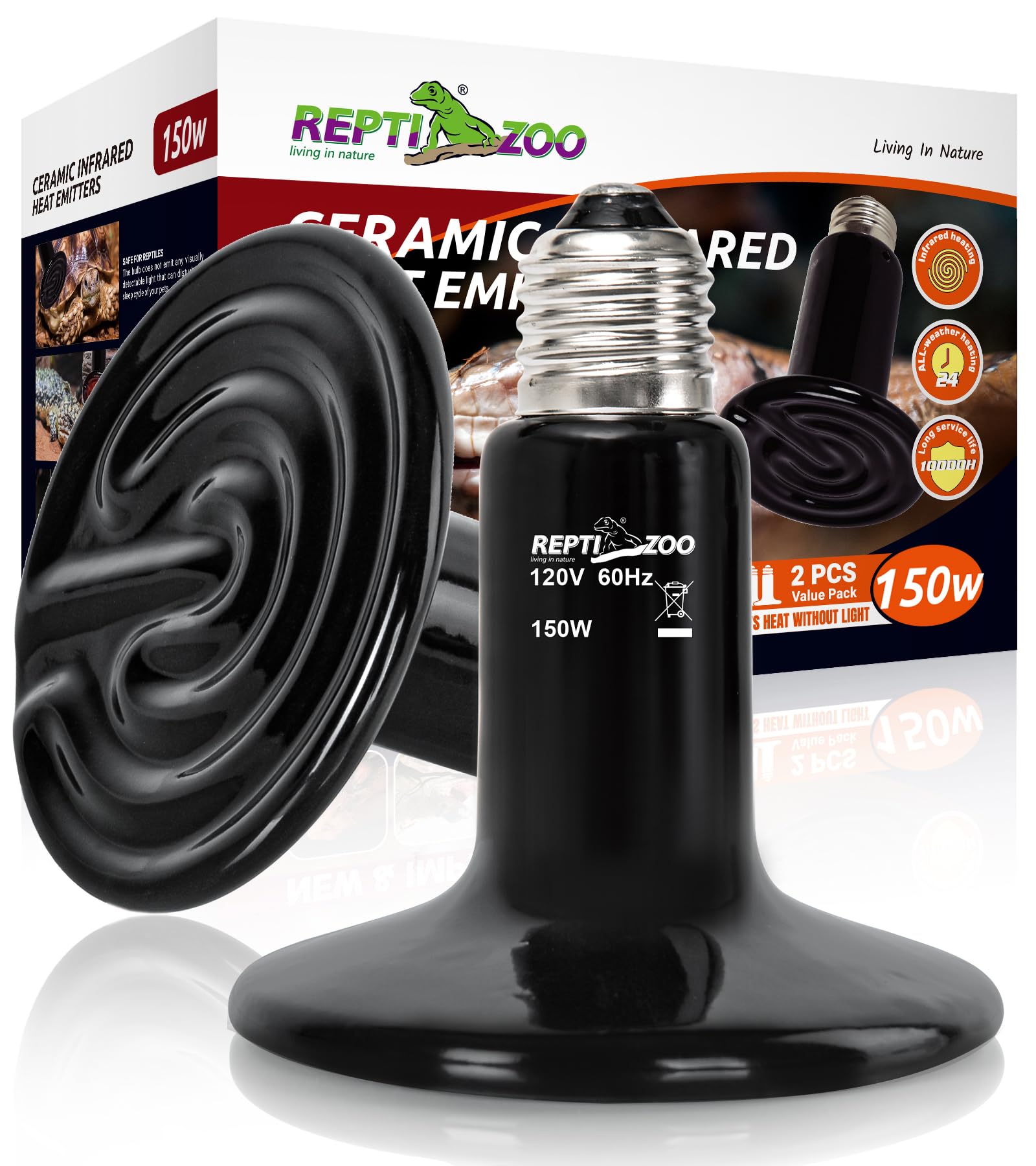 REPTI ZOO 150W ceramic heat emitter provides steady terrarium warmth.