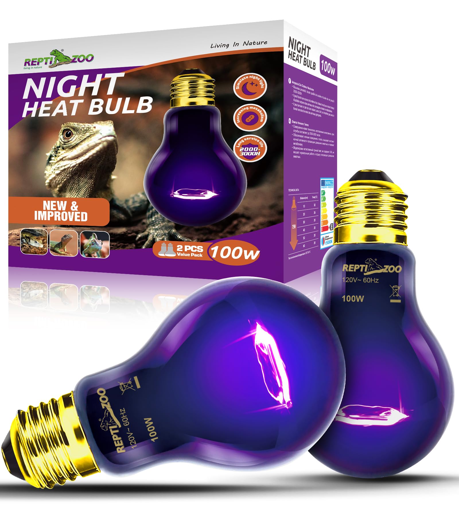 REPTI ZOO 2Pack 100W night heat bulb with purple coating for undisturbed reptile sleep.