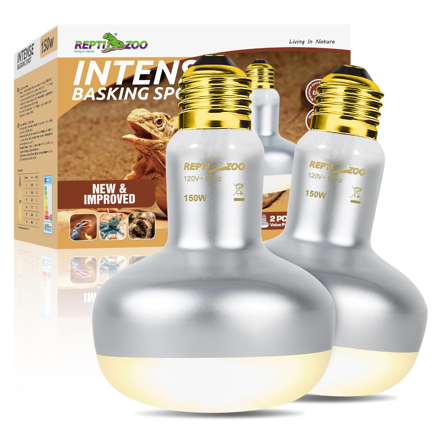 REPTI ZOO 2 Pack 150W heat lamp with sunrise glow for active reptile basking