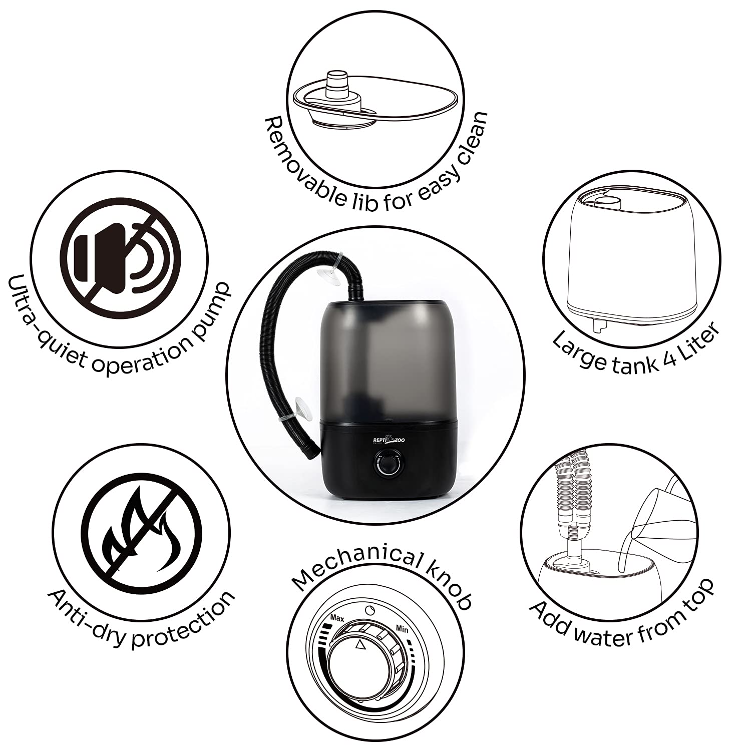 REPTI ZOO 4L humidifier top fill opening enables clean refilling.