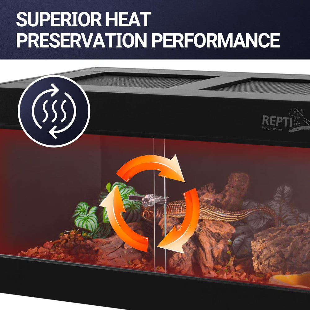 REPTI ZOO 50-gallon enclosure glass door detail shows escape-proof access