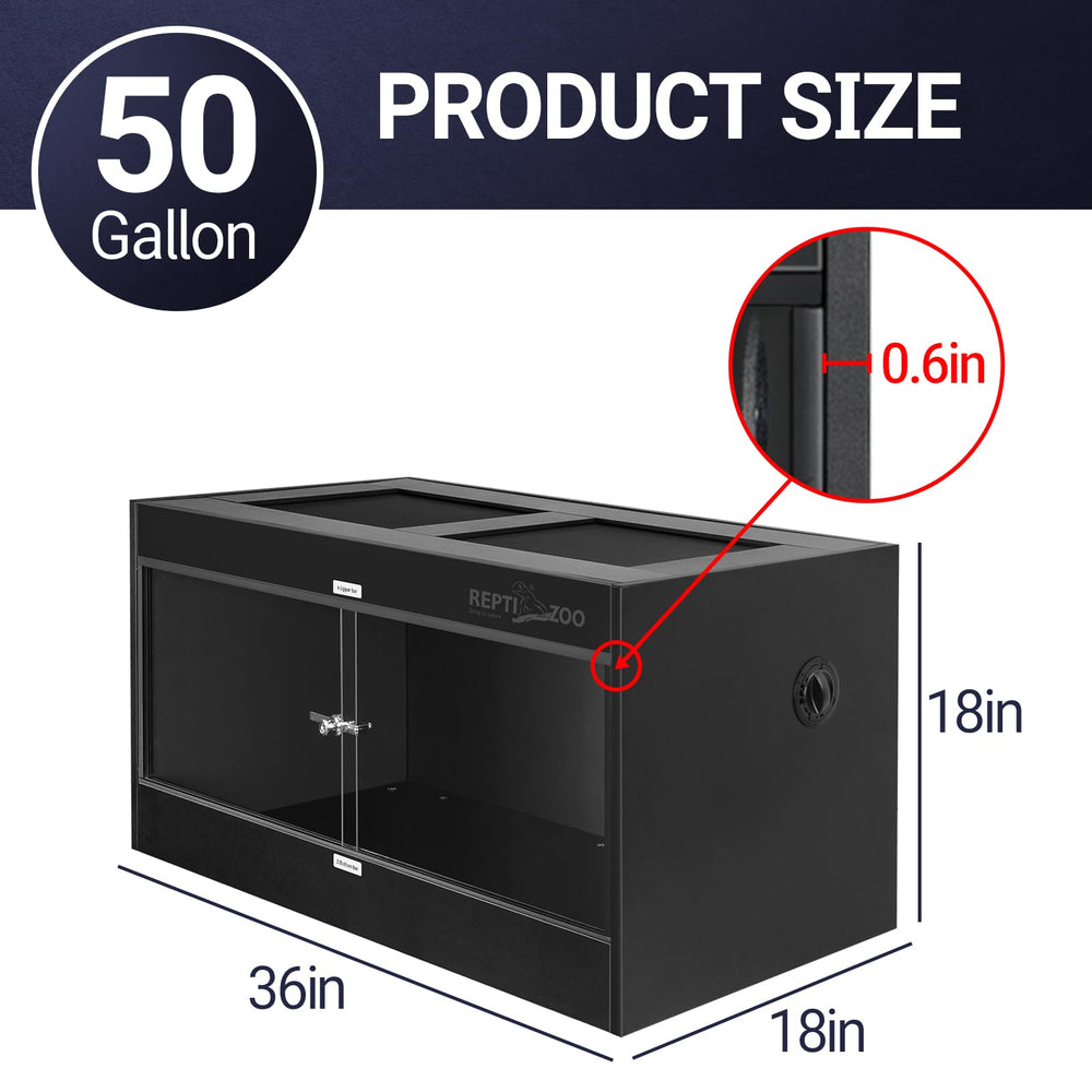 REPTI ZOO 50-gallon enclosure side view highlights compact footprint and sturdy PVC