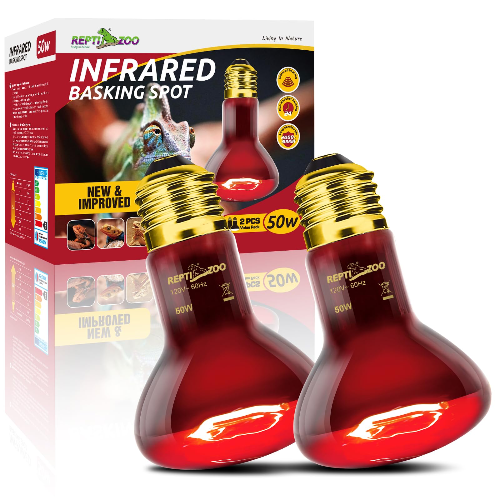 REPTI ZOO 50W heat lamp bulb providing reliable basking warmth for reptiles.