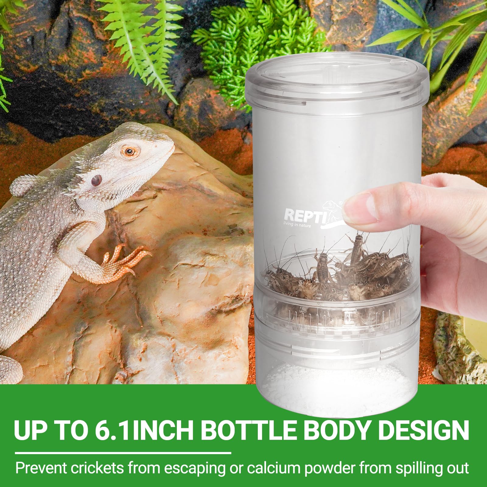 REPTI ZOO bottom storage minimizes supplement waste compared to dusting.