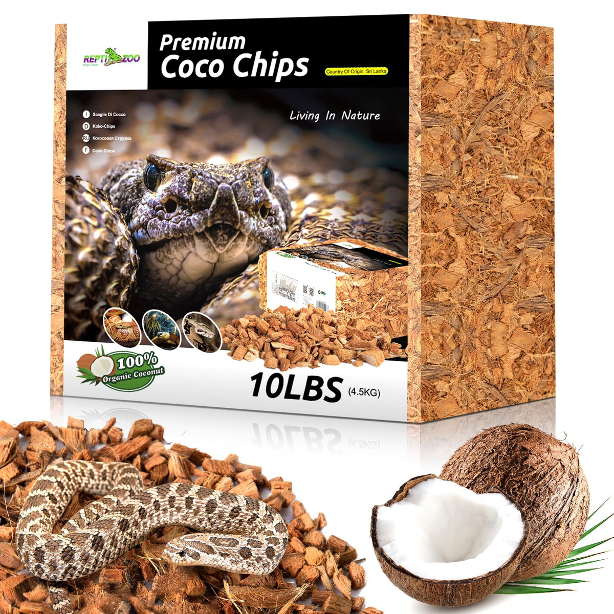 REPTI ZOO real-shell coconut substrate for natural reptile bedding.