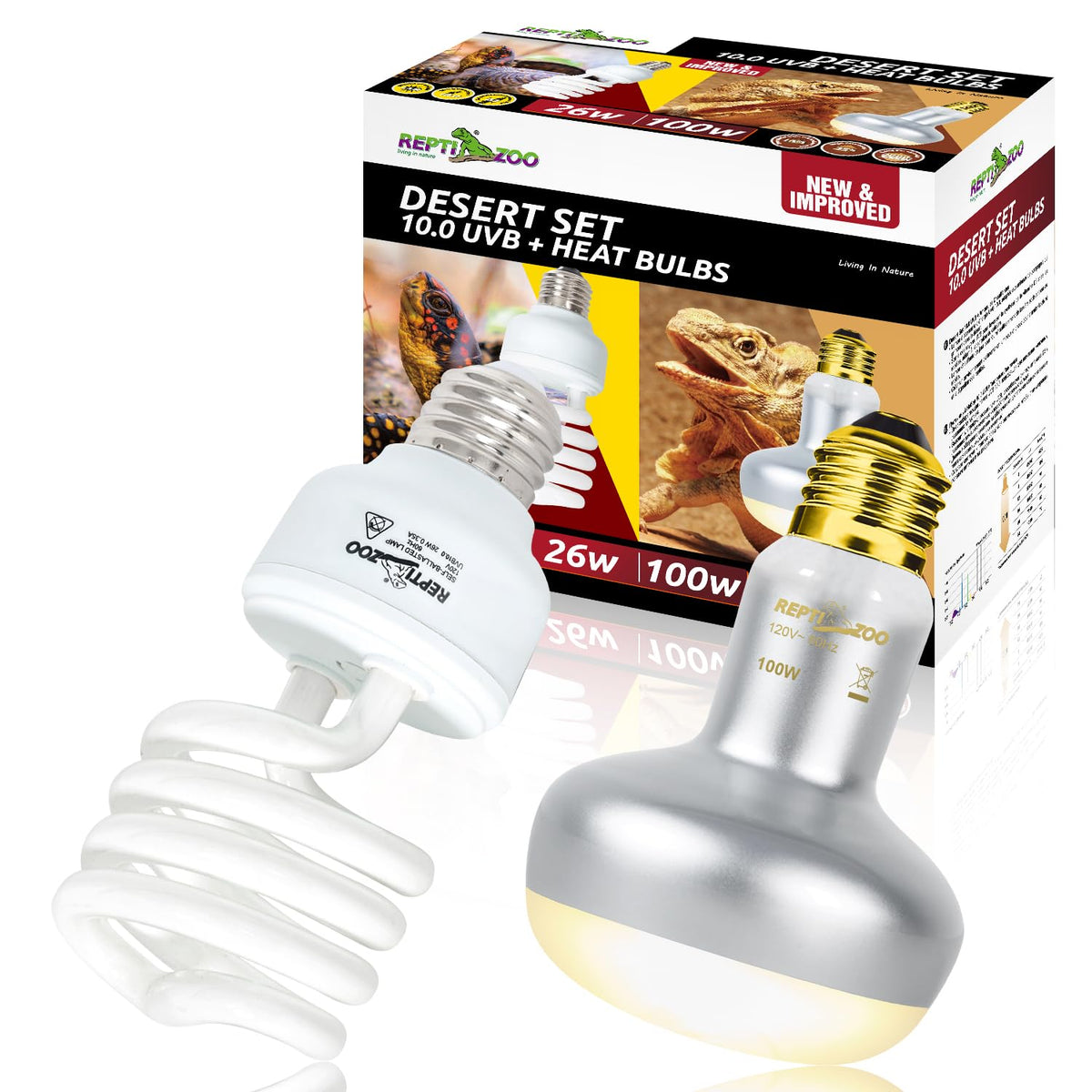 REPTI ZOO combo pack with two bulbs for basking and UVB exposure.