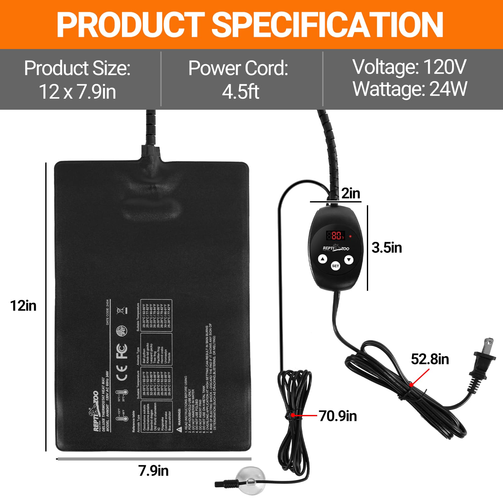 REPTI ZOO heat pad thermostat control dial shows precise temperature control