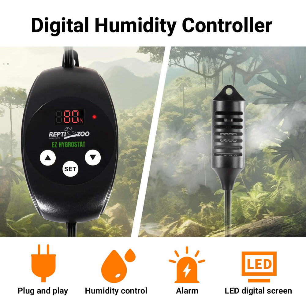 REPTI ZOO LED screen shows real-time humidity readings for quick adjustments.