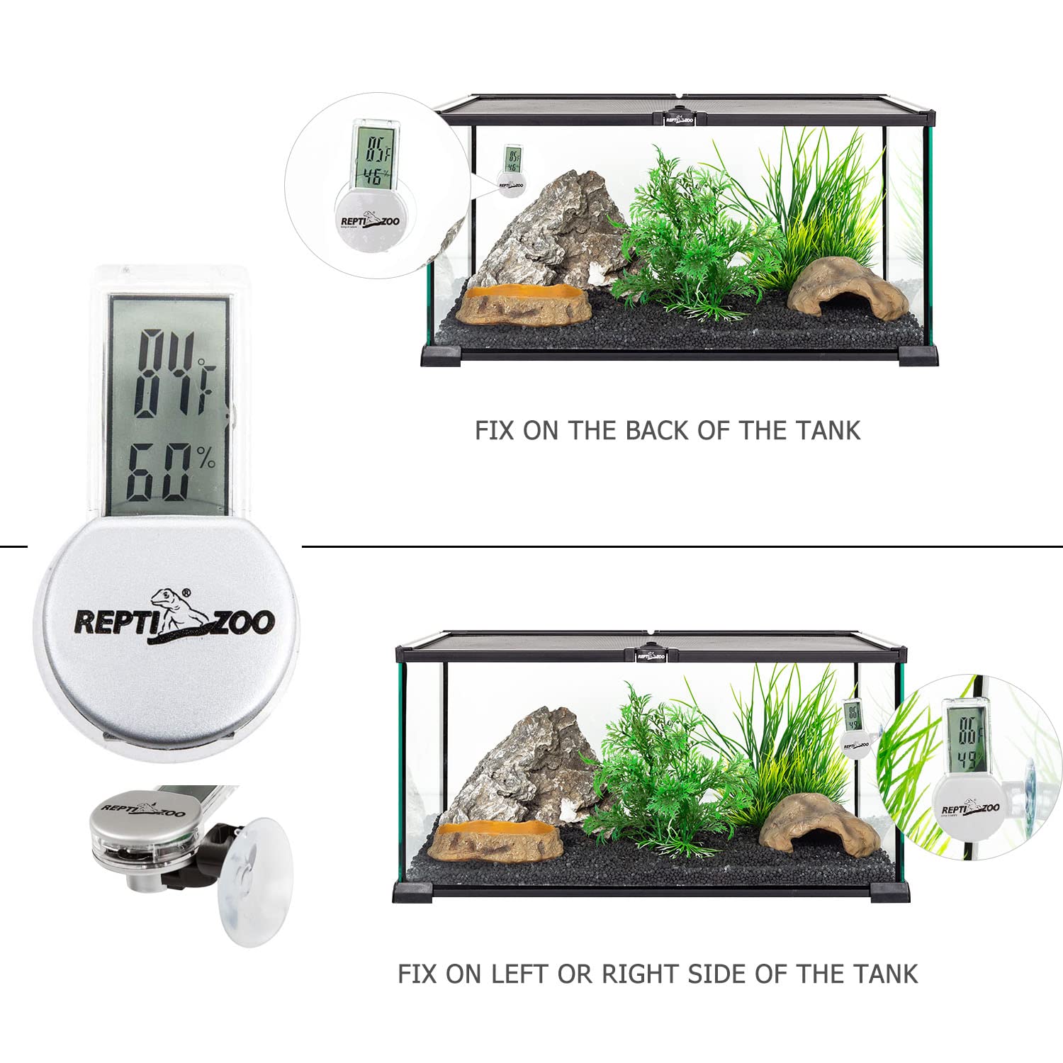 REPTI ZOO LCD display shows real-time temperature and humidity readings.