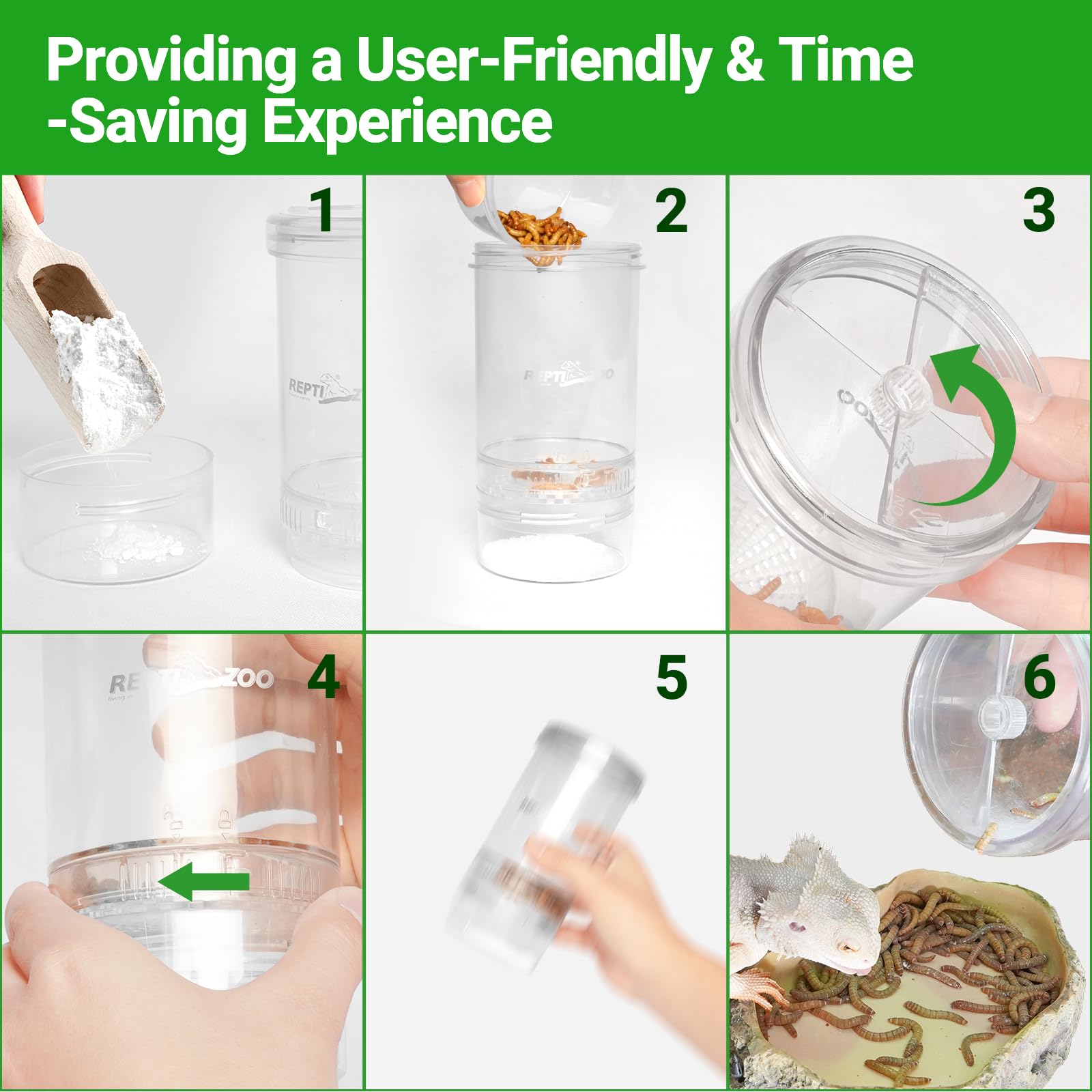 REPTI ZOO rotating outlet opening controls supplement flow accurately.