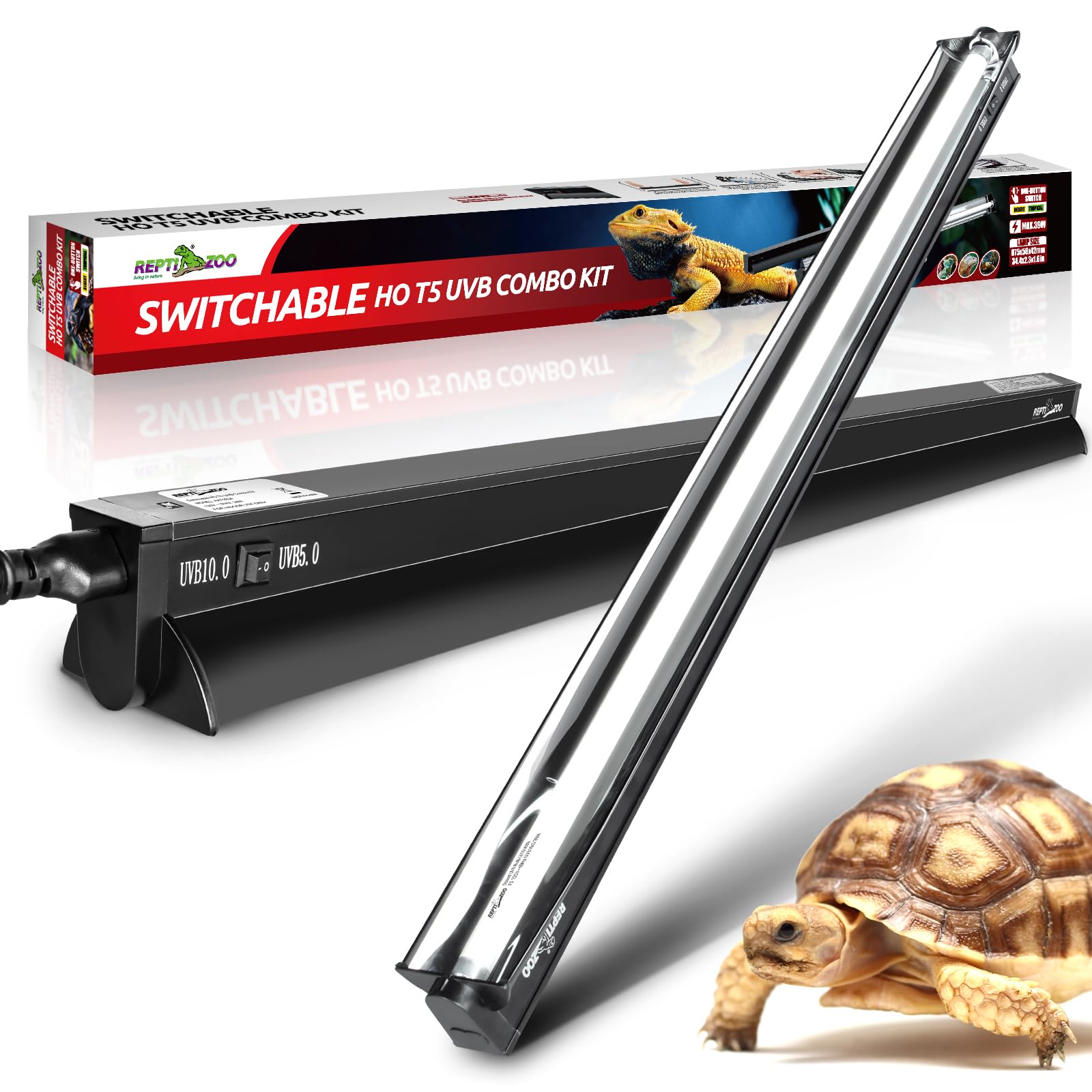 REPTI ZOO Switchable UVB light in a 34 inch hood for desert and tropical reptiles