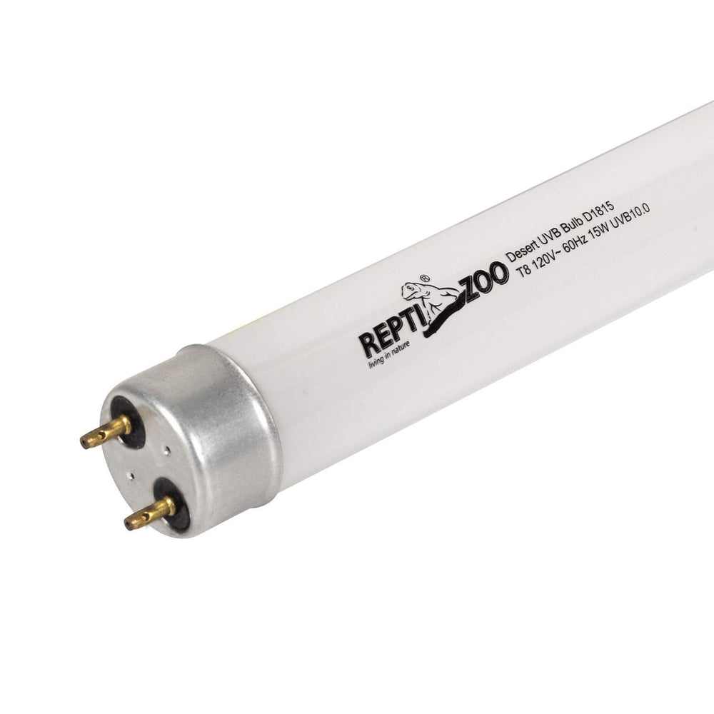 REPTI ZOO T8 UVB tube closeup showing UVB emission for skin photoconversion.