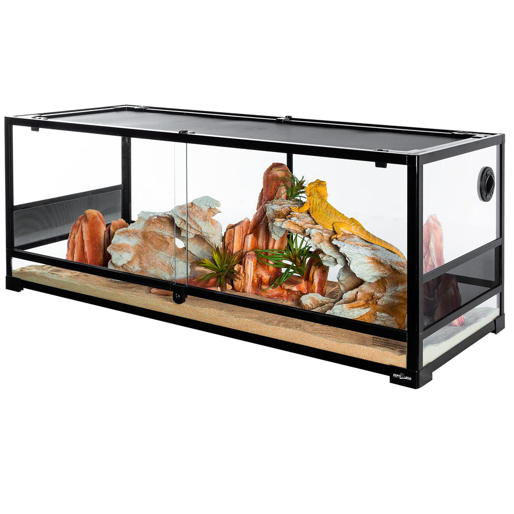 REPTI ZOO tempered glass terrarium front view for easy feeding and viewing.