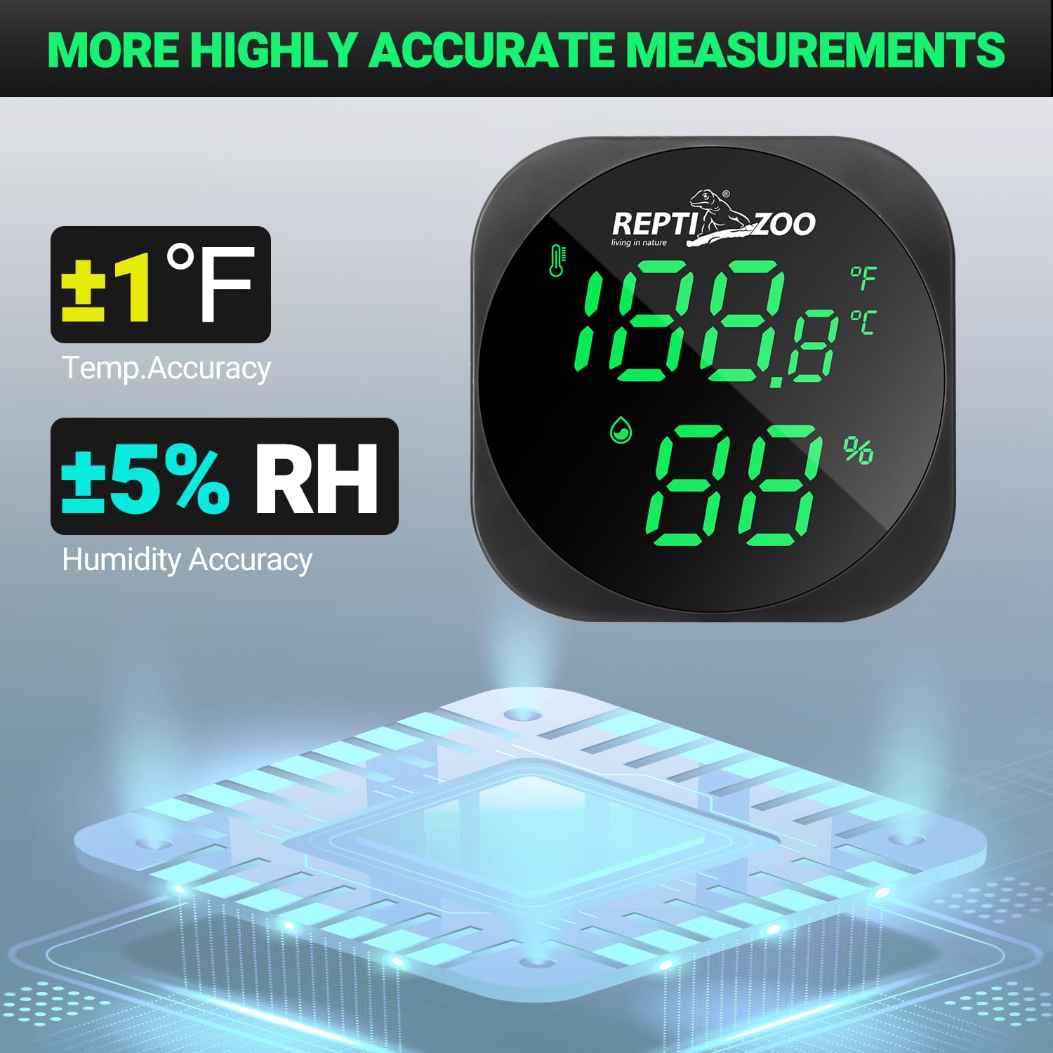 REPTI ZOO LED display glows at night for quick readings.