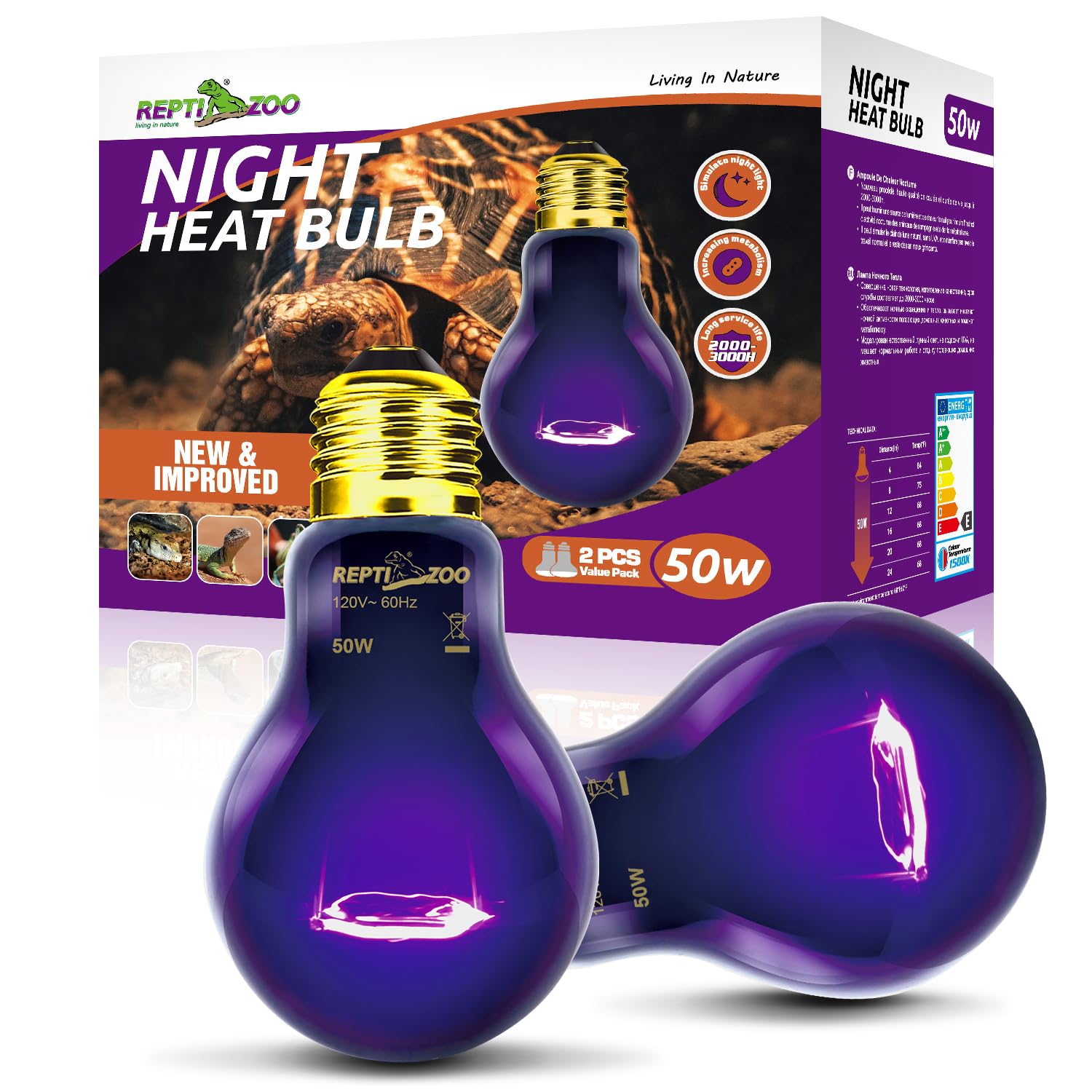 REPTI ZOO two-pack 50W night heat lamp installed in a reptile enclosure for nighttime warmth