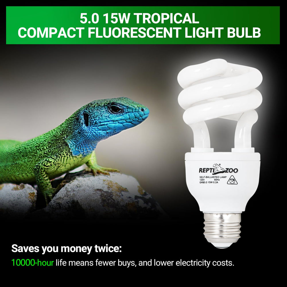 REPTI ZOO UVB light 5.0 15W emitted rays brighten rainforest habitat.