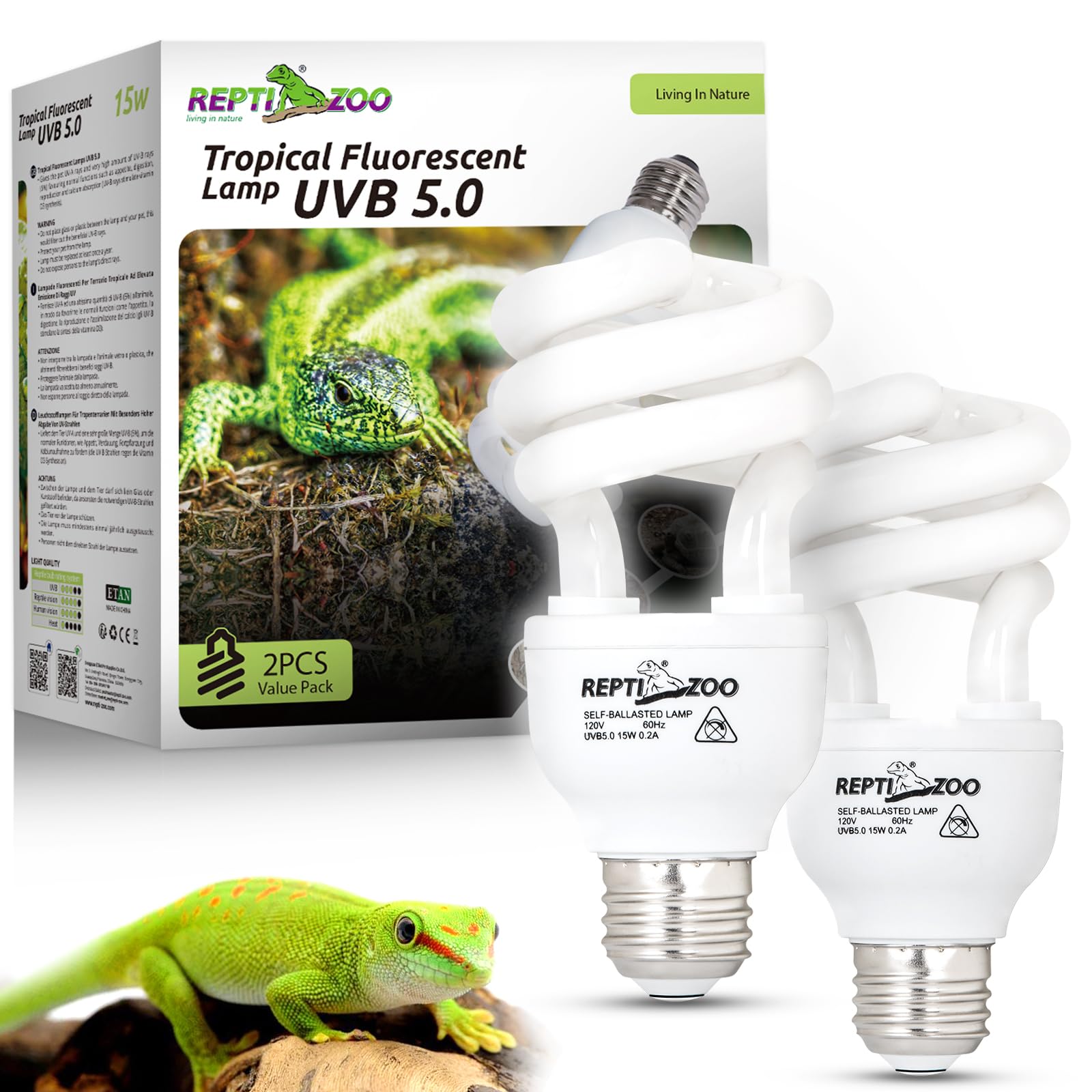 REPTI ZOO UVB light 5.0 15W pack front provides reliable tropical daylight.