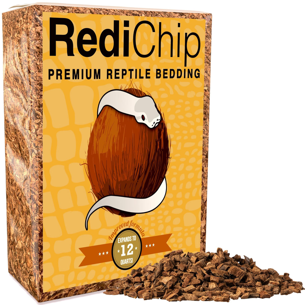 ReptiChip Premium Coconut Substrate; loose medium bedding for reptiles; dust-free and ready to hydrate.