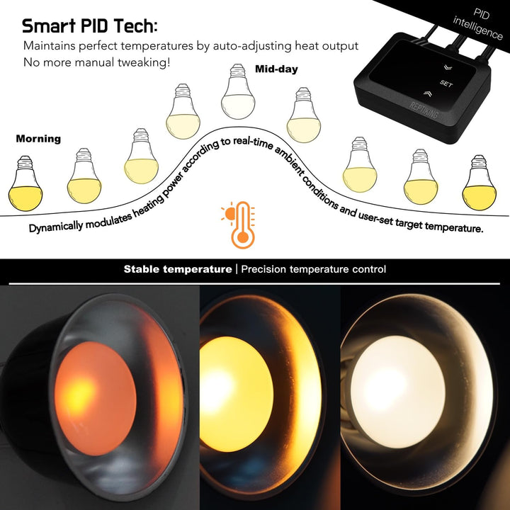 ReptiKing dimming thermostat enables precise heat control for safe basking spots.