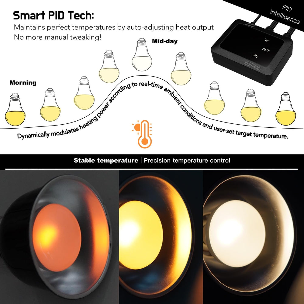 ReptiKing dimming thermostat enables precise heat control for safe basking spots.