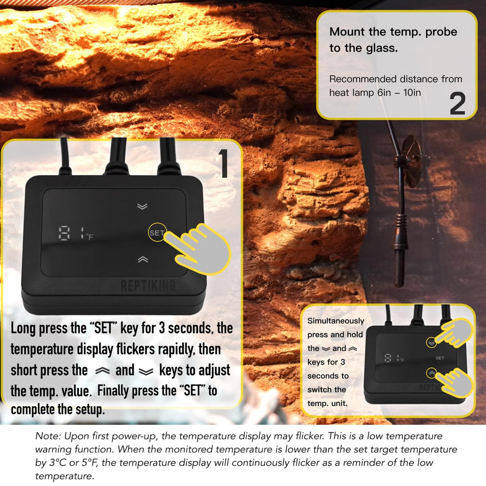 ReptiKing energy-efficient heat control helps maintain steady basking temperatures.