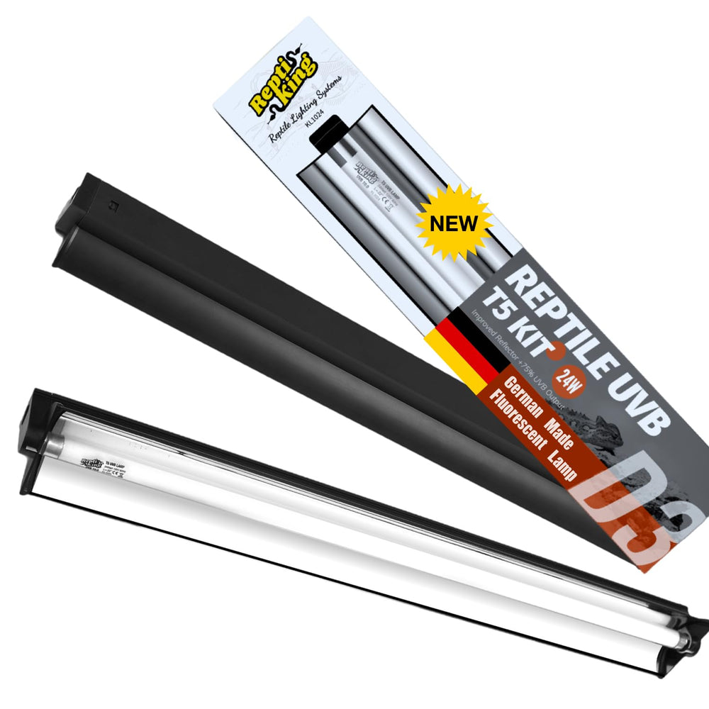 ReptiKing Upgraded T5 UVB lamp enhances desert reptile basking UVB exposure.