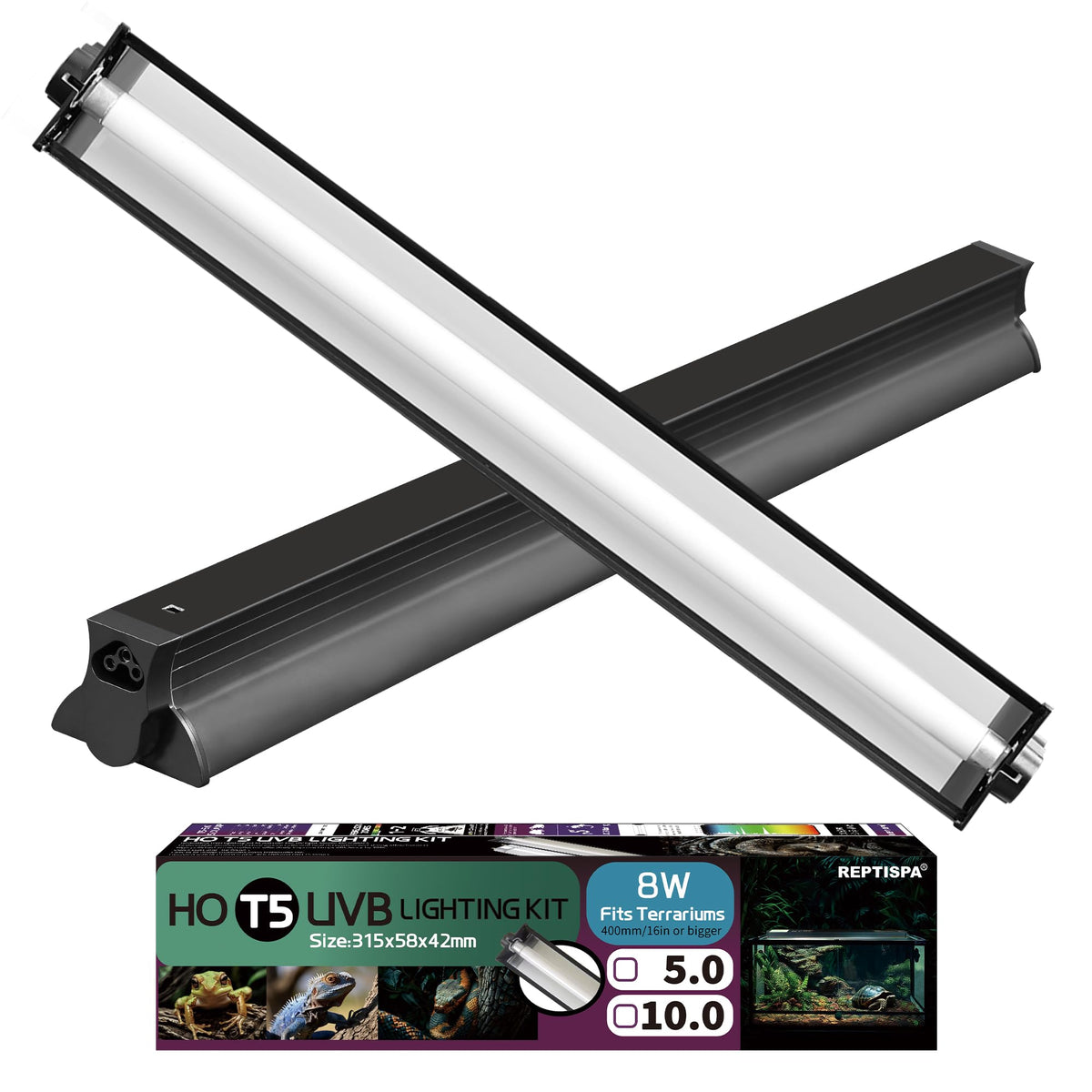 Reptispa T5 HO UVB kit overview shows balanced UVB and UVA lighting