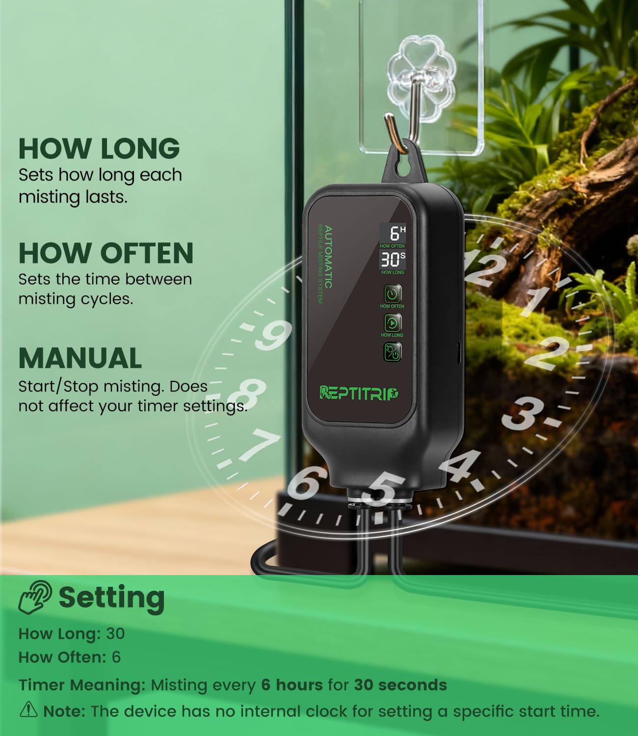 REPTITRIP 360-degree nozzles provide flexible mist coverage around terrarium