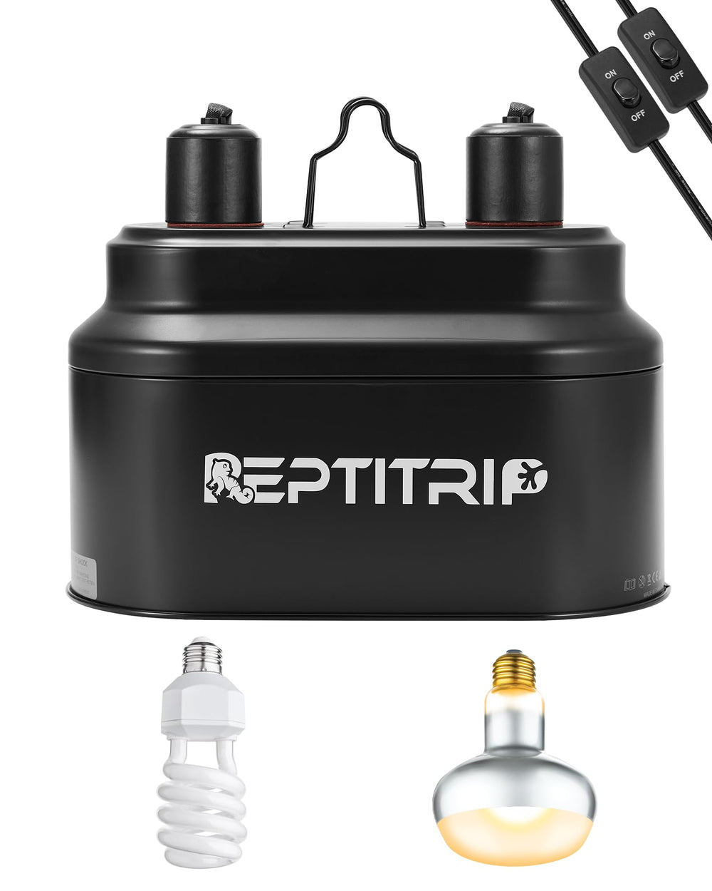REPTITRIP dual reptile light fixture front view with two independent switches for heat and UVB control