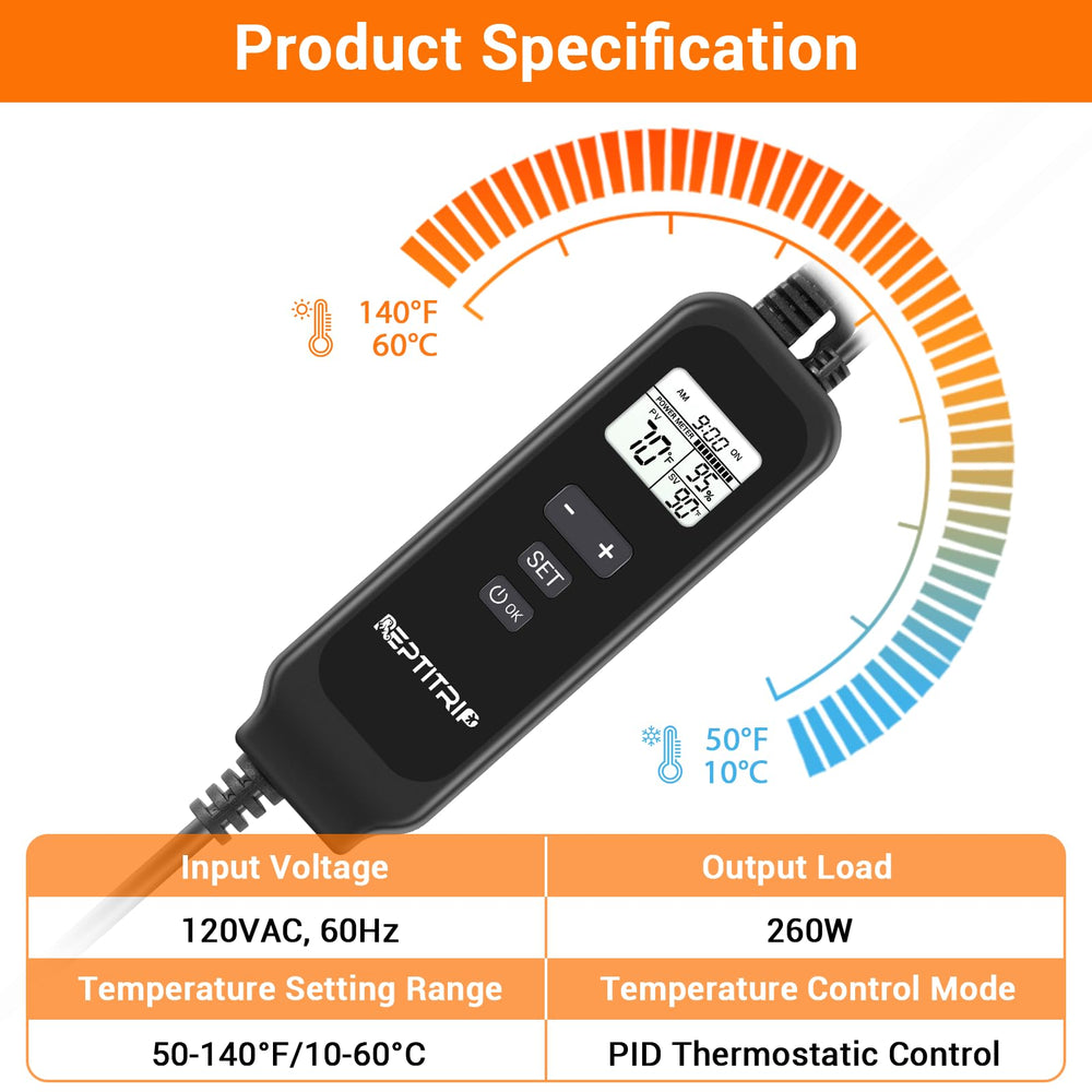 REPTITRIP LCD display shows ambient temperature and set point
