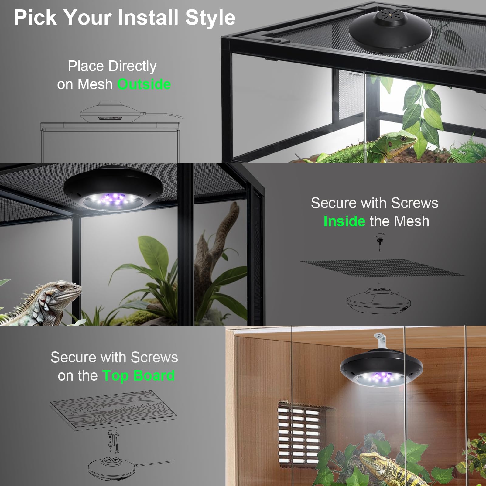 REPTITRIP LED UVB light showing adjustable brightness for reptile activity and rest.
