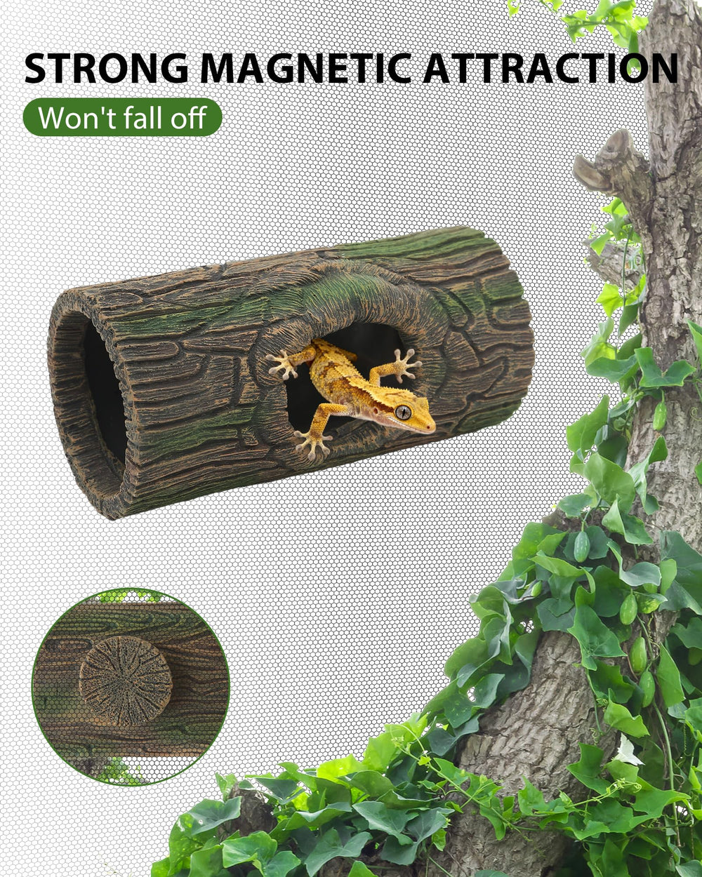 REPTITRIP resin hollow log cave provides secure shelter for arboreal reptiles and amphibians.