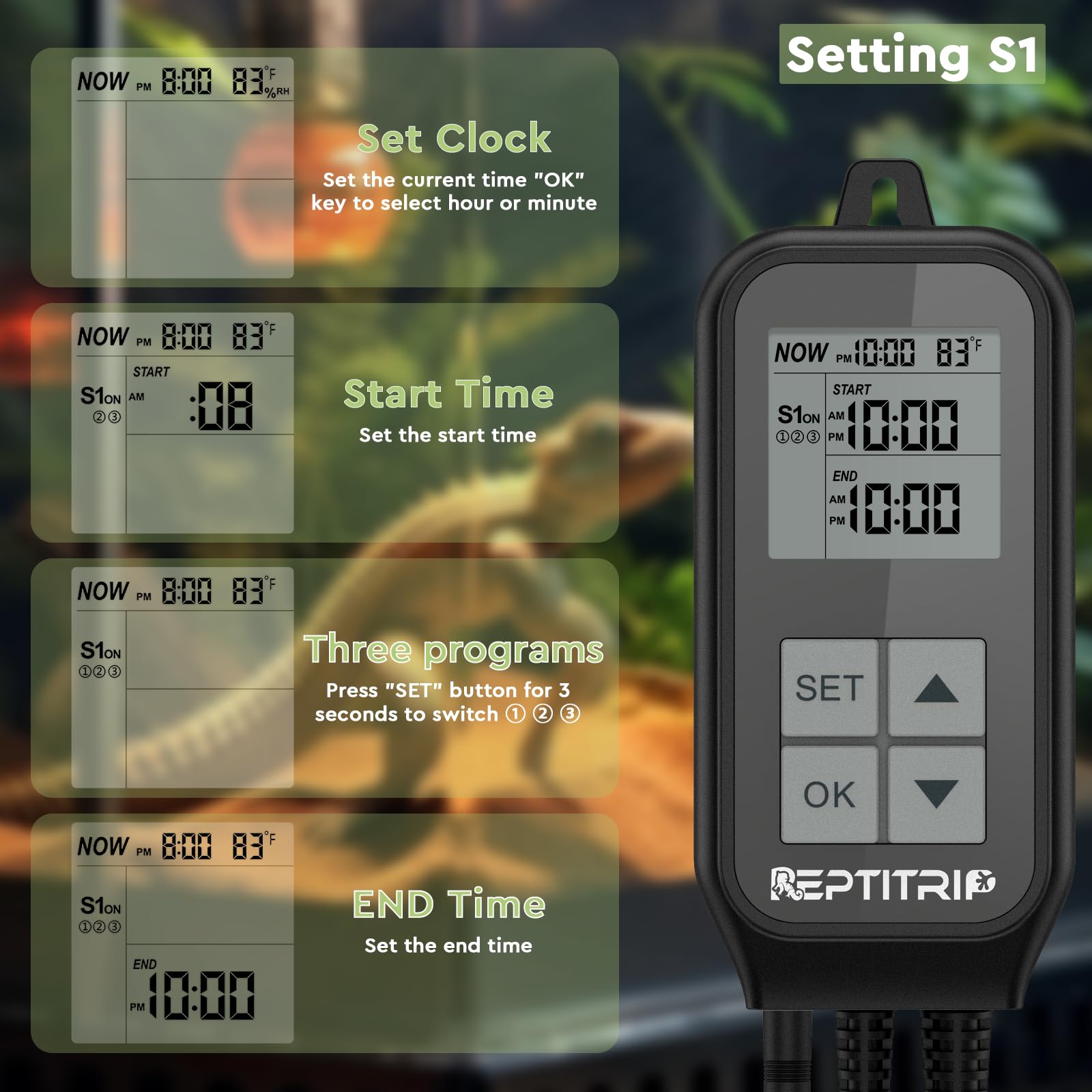 REPTITRIP temperature sensor close-up highlighting ±2°F accuracy