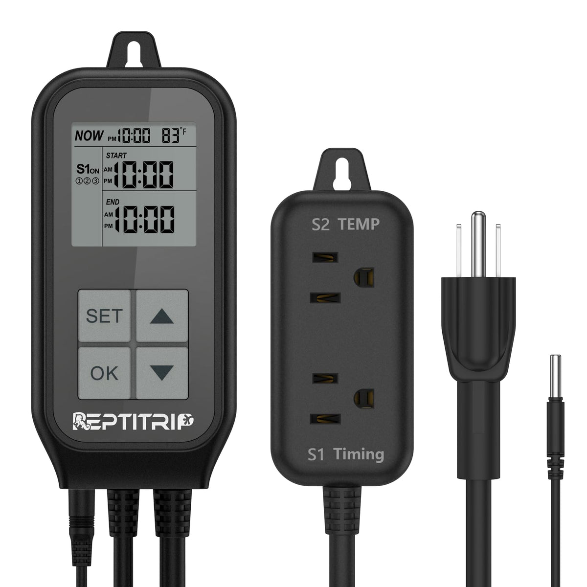REPTITRIP thermostat front view with dual sockets for precise control