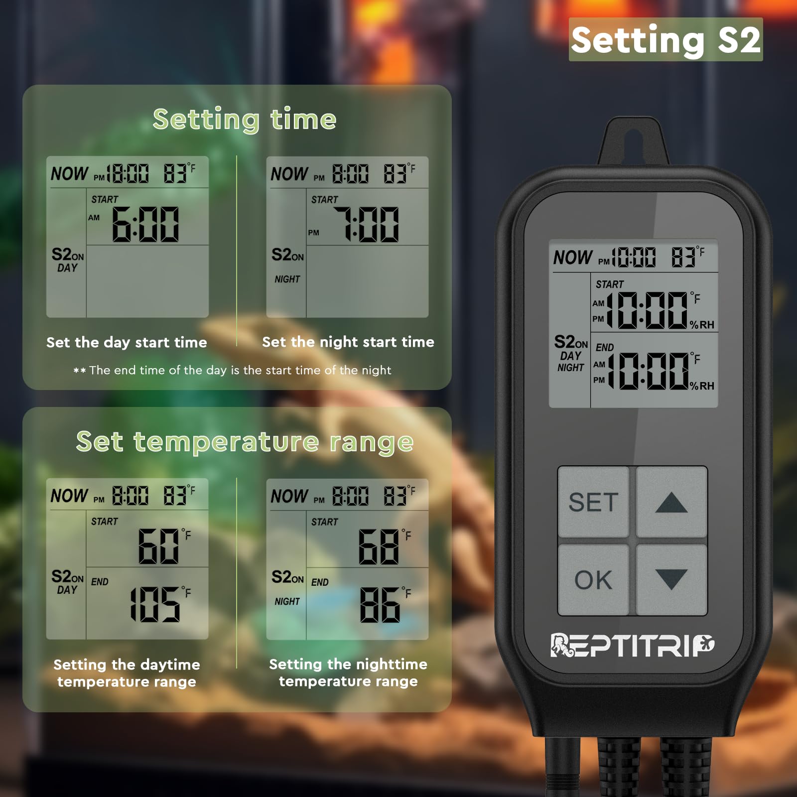 REPTITRIP UVB and heat lamp setup demonstrating timed operation