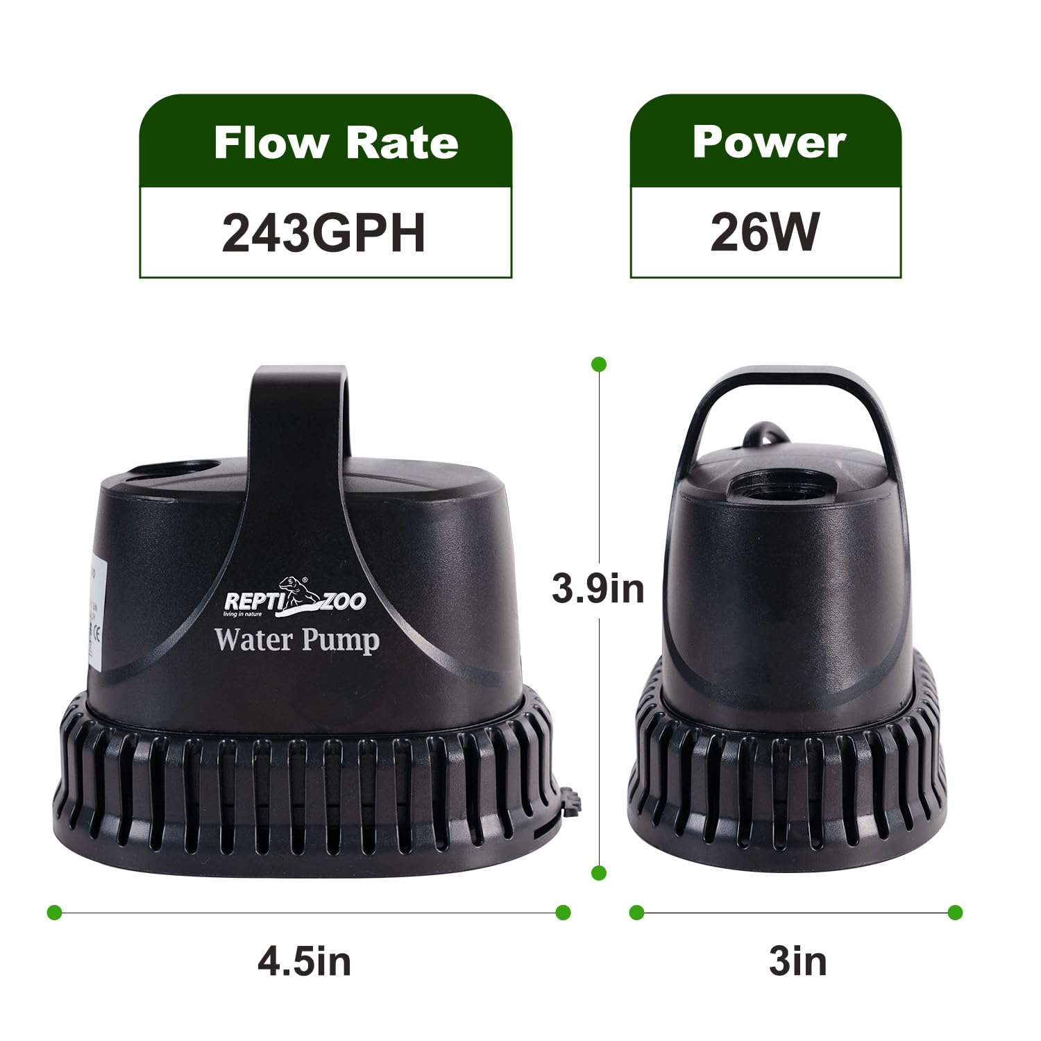 REPTIZOO 243GPH pump shown at an angle for strong, quick water changes