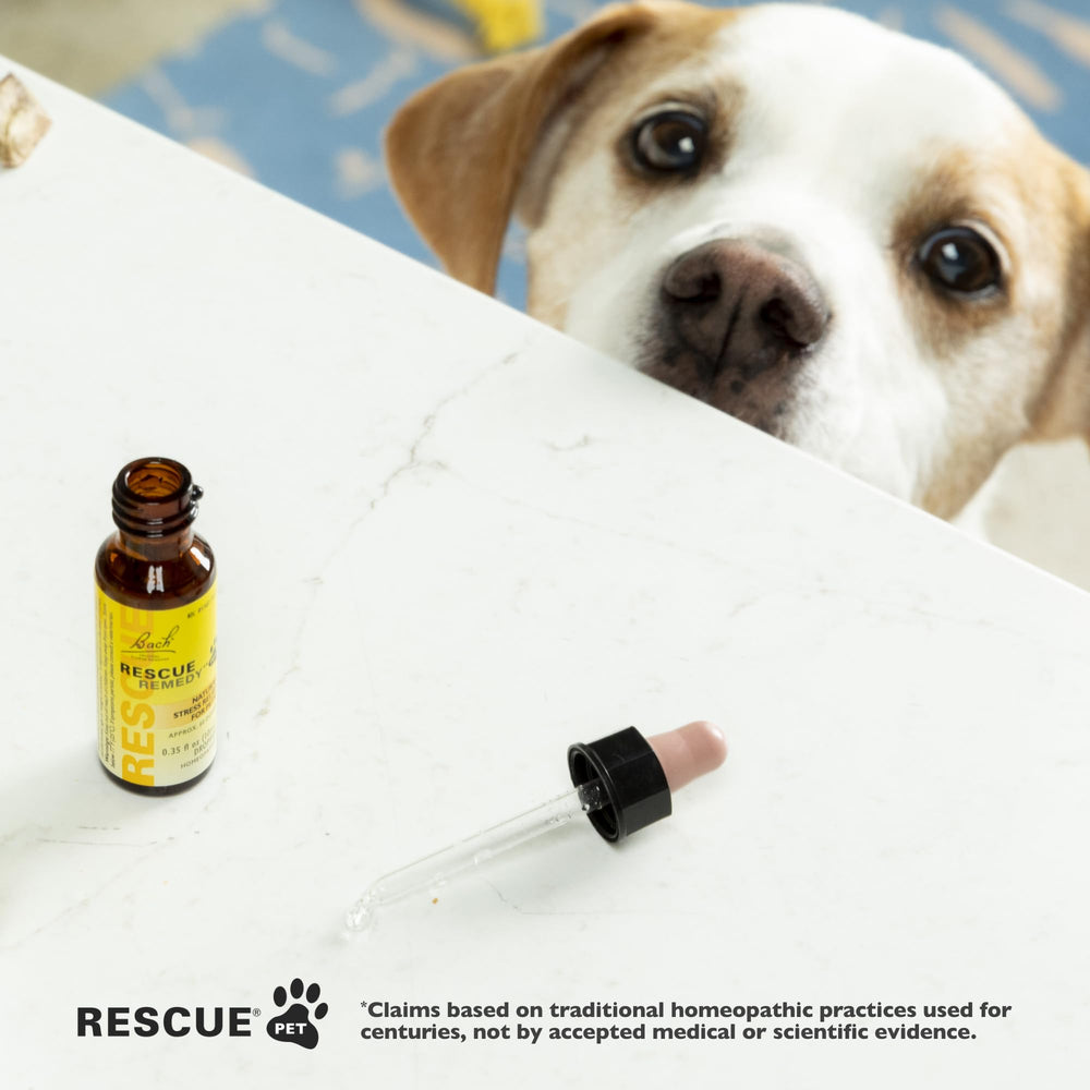 RESCUE Remedy Pet Dropper droplet dosing illustrates easy administration for dogs and cats.