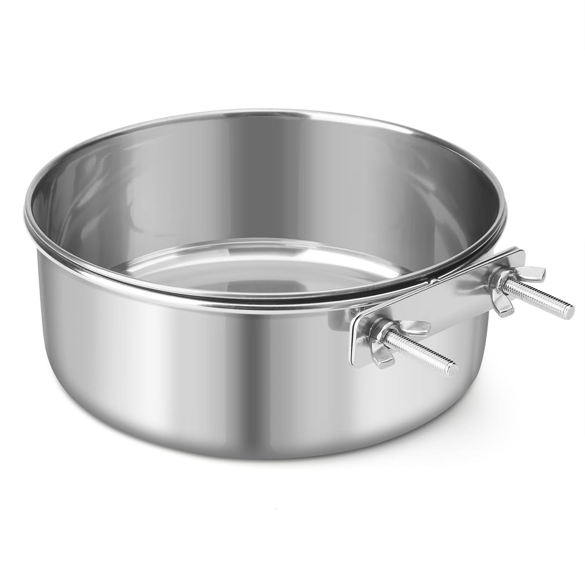 Reshiho stainless steel dog bowl hanging on a cage for mess-free meals