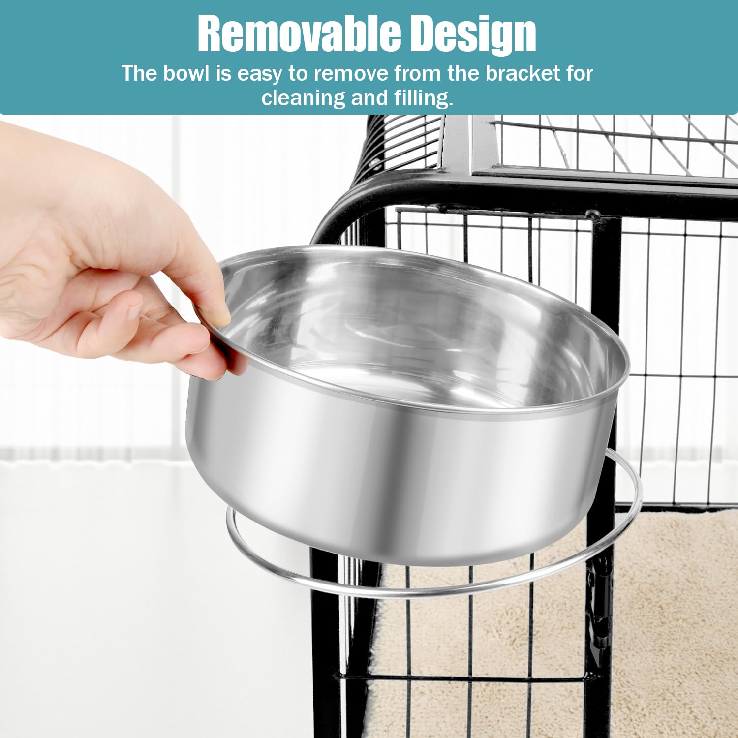Reshiho water bowl inside a cage maintains fresh water and clean surroundings