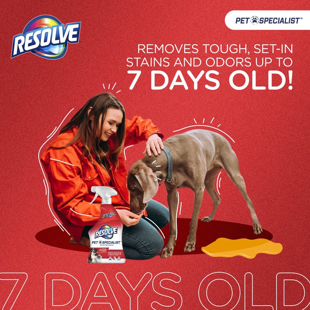 Close-up of Resolve odor elimination feature neutralizing pet odors on fabric