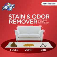 Stain removal action on sofa using Resolve Pet Specialist Carpet Cleaner