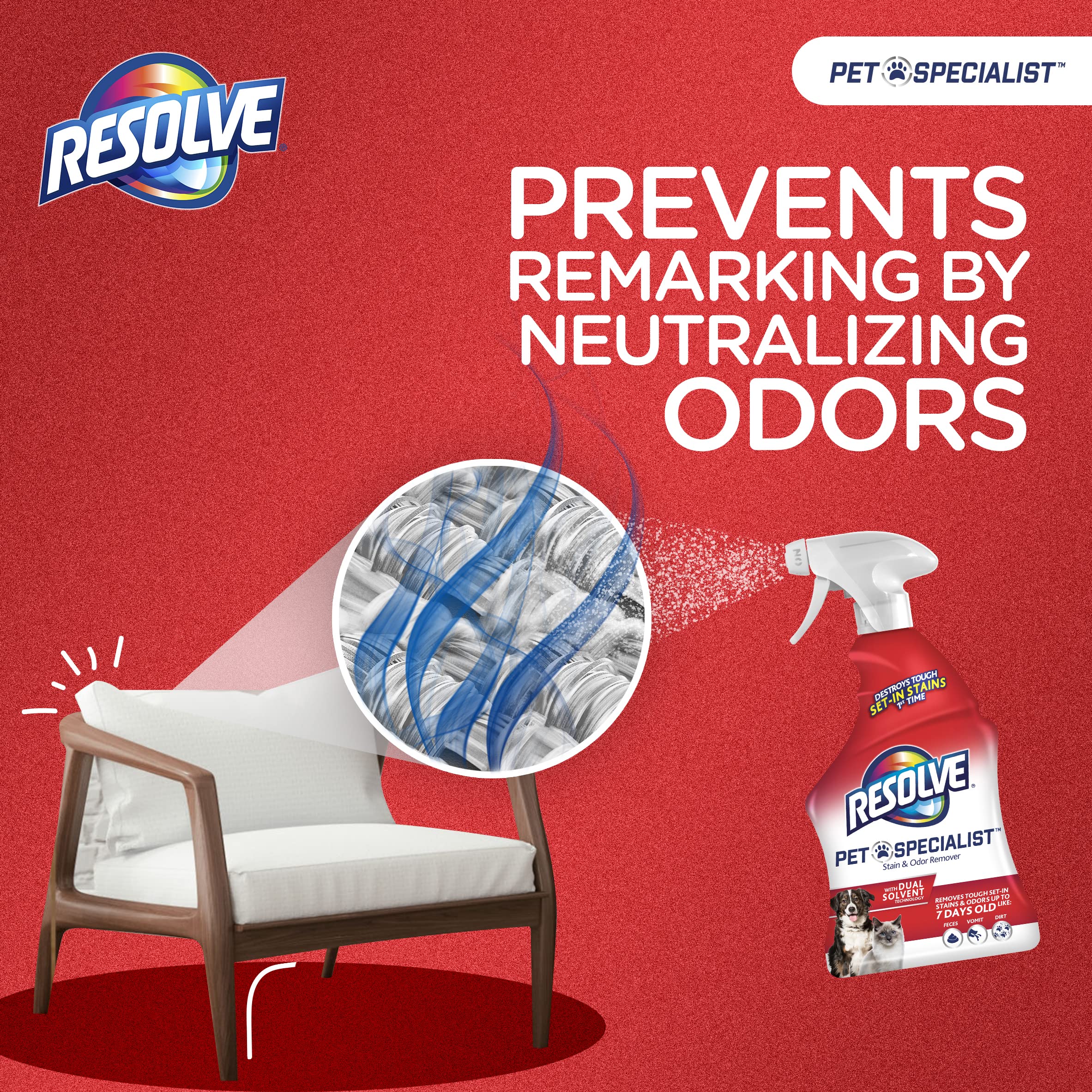 Applying Resolve to a stain on upholstery for quick cleanup with care