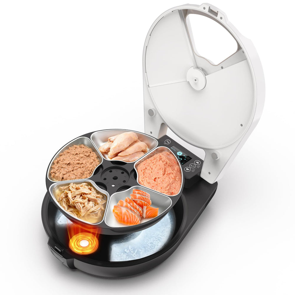 RESPURR automatic wet food feeder front view with programmable timer for multi-day meals.