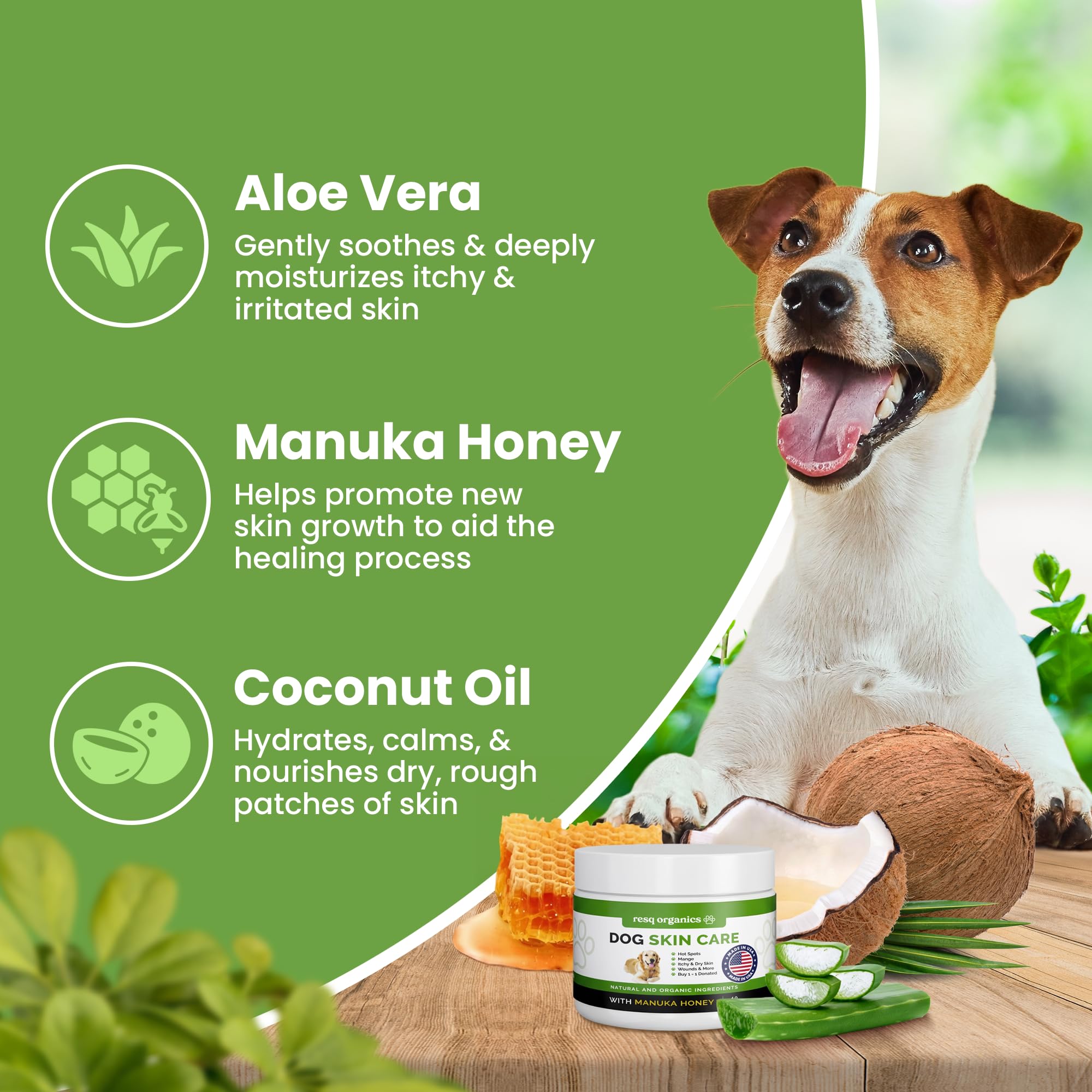 ResQ Organics pet wound care ointment label highlights safe minor-wound relief