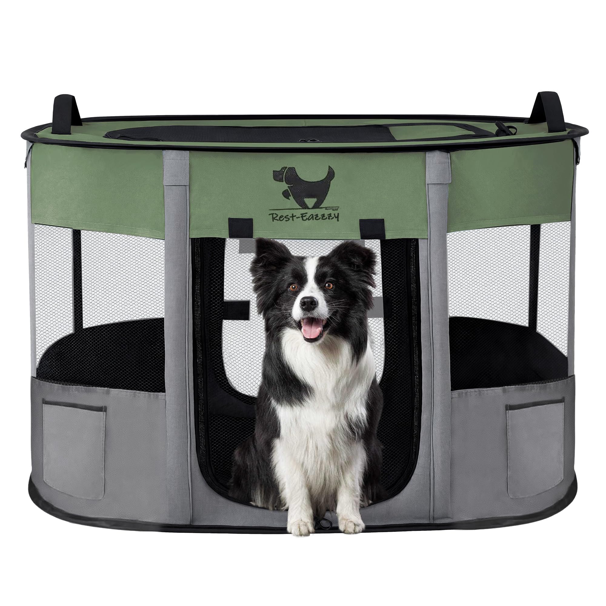 Rest-Eazzzy dog playpen outdoors setup showing portability for camping