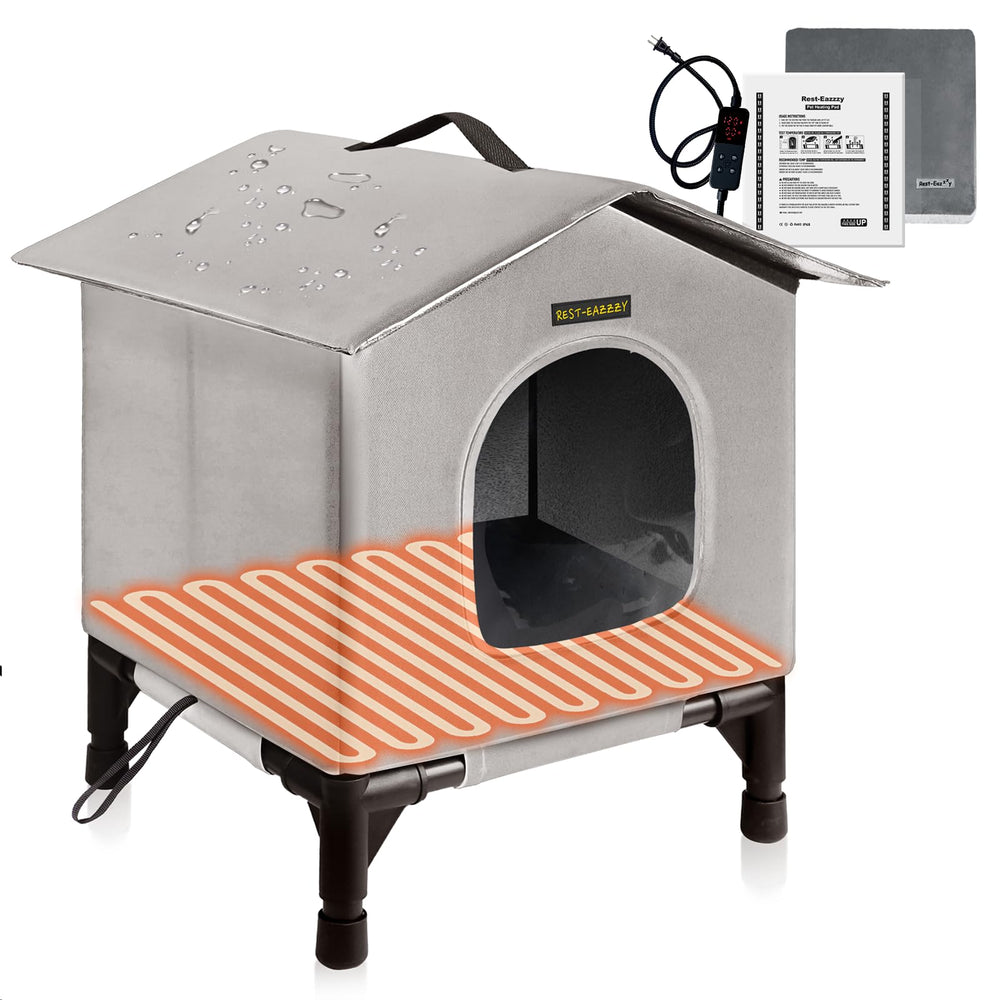 Rest-Eazzzy heated cat house outdoor shelter keeps feral cats warm and protected.