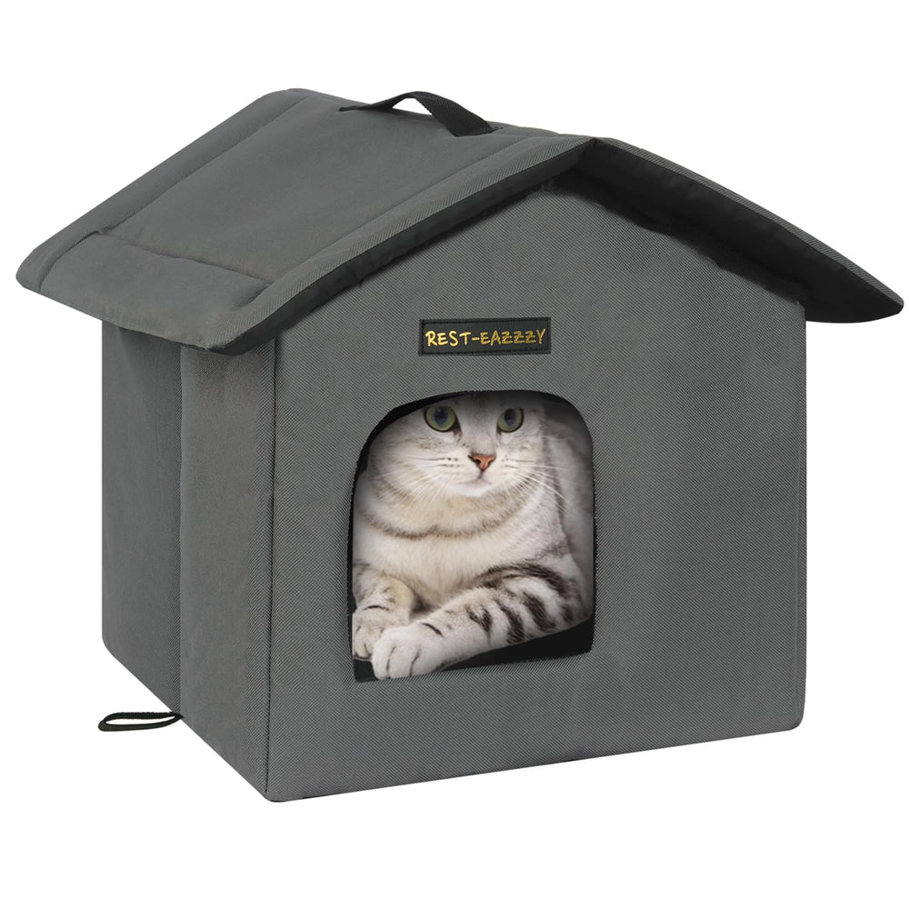 Rest-Eazzzy outdoor cat house in grey with waterproof canopy for weather protection.