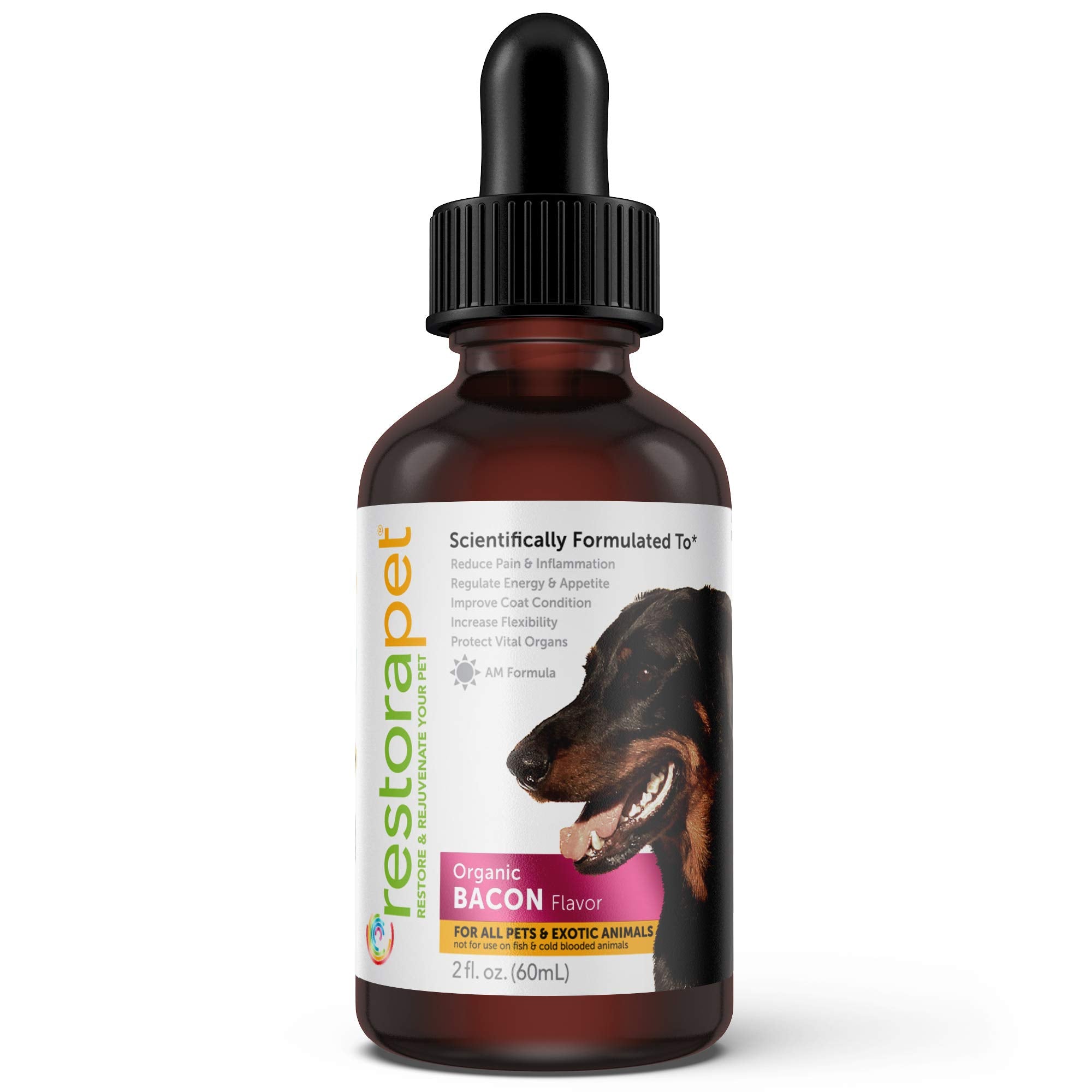 RestoraPet Bacon Liquid Multivitamin bottle for dogs and cats supports daily wellness.