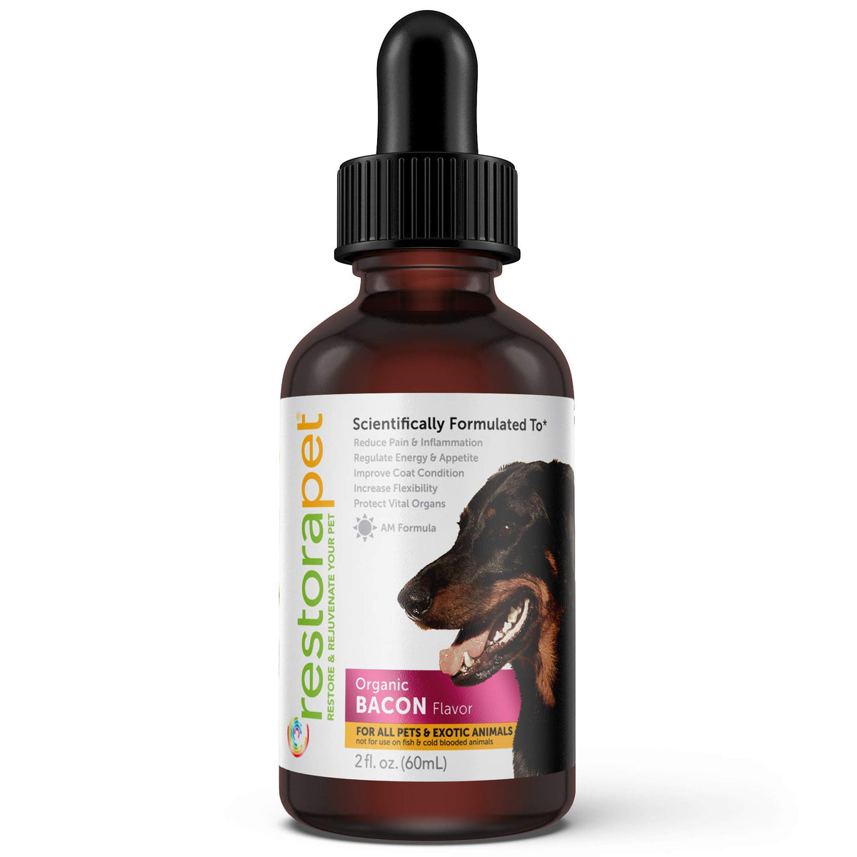 RestoraPet Bacon Liquid Multivitamin bottle for dogs and cats supports daily wellness.